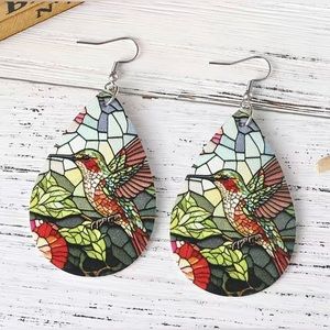 🌺 New! Bohemian Boho Hummingbird PU Leather Teardrop Earrings